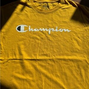 Youth XL Cotton Champion Short Sleeve T-shirt Bright Yellow Logo Printed Chest